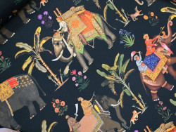 Loneta estampada oriental – Elefantes y realeza | Tapicería y decoraión