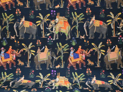 Loneta estampada oriental – Elefantes y realeza | Tapicería y decoraión