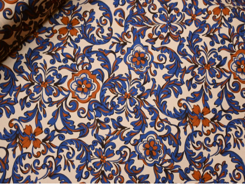 Crepé Satén Floral Azul Cobalto y Teja