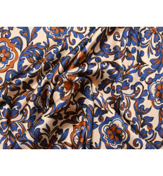 Crepé Satén Floral Azul Cobalto y Teja