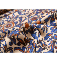 Crepé Satén Floral Azul Cobalto y Teja
