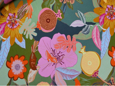 Viscosa tropical botánica | Estampado floral y aves exóticas