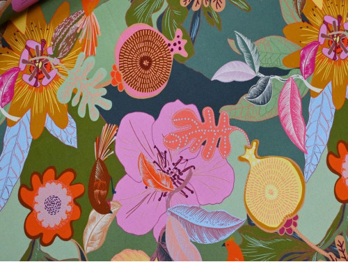 Viscosa tropical botánica | Estampado floral y aves exóticas