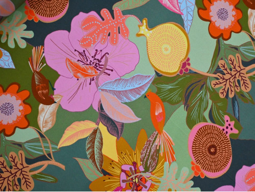 Tela Viscosa Estampada Flores y Pájaros – Fluida 120 Gr/m²