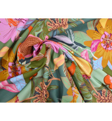 Tela Viscosa Estampada Flores y Pájaros – Fluida 120 Gr/m²