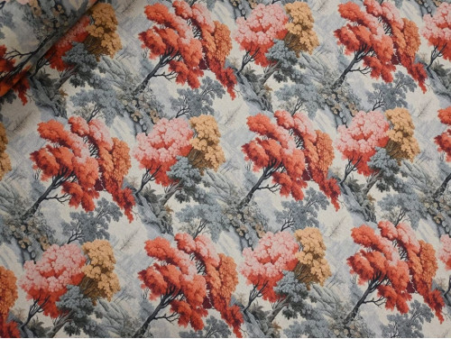 Loneta Estampada Paisaje Oriental Coral y Gris 280 cm