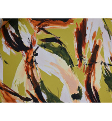 Crepe Satén Estampado Abstracto Verde Lima y Tierra