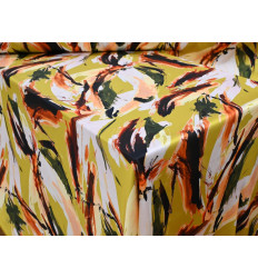 Crepe Satén Estampado Abstracto Verde Lima y Tierra