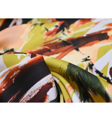 Crepe Satén Estampado Abstracto Verde Lima y Tierra